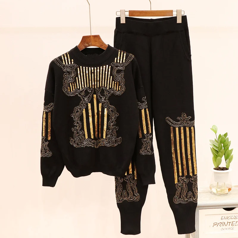 Fashion 2 Pieces Set Women Beads Sequined Knitted Sweater Pullover + Long Pant Suit Set Casual Top and Pant Set Outfit for Women