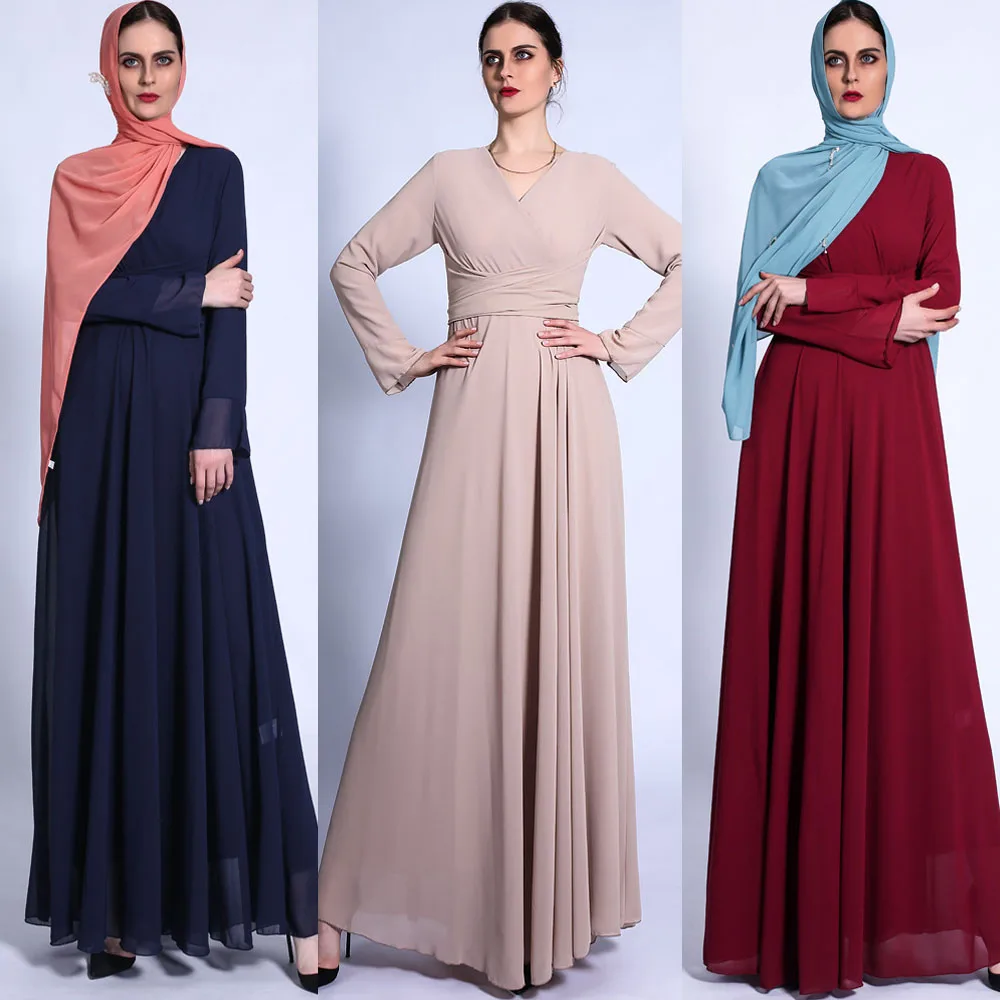 Шифоновое длинное платье в мусульманском стиле для женщин на весну и осень, мусульманская одежда, Арабская абайя, кафтан, однотонное платье ...