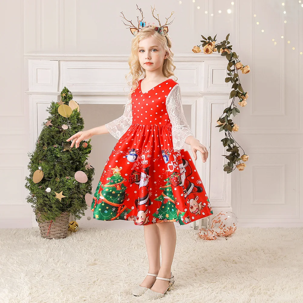 

Christmas Dress lace Half Sleeve Red Printing Satin Short Santa Claus Cosplay Princess Costume Children Clothes