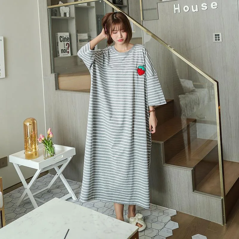 

Summer Women's Short-sleeved Nightdress Female Striped Fruit Loose Large Size Home Service Cute Girl Casual Pajamas