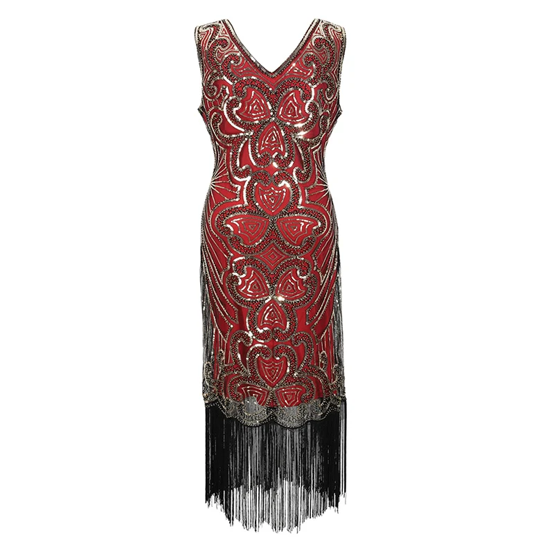 red gold dress Женские 1920s Гэтсби Хлопушки бахрома платье V шеи бисером блесток платье(розовый/черный/красный/Абрикосовый) S-XXL - Цвет: red gold dress