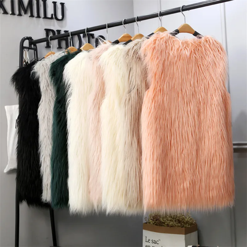 Новинка S/3Xl женские длинные жилеты из искусственного меха зима-осень пушистые меховые куртки без рукавов с v-образным вырезом Модные жилеты из искусственного меха J3047