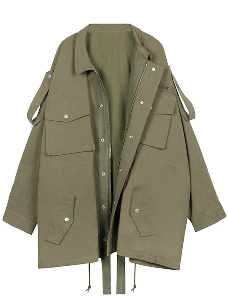 

Army Green Women Oversized Trench Coat 2019 Retro Autumn New Batwing Sleeve Stand Collar Casual Windbreaker