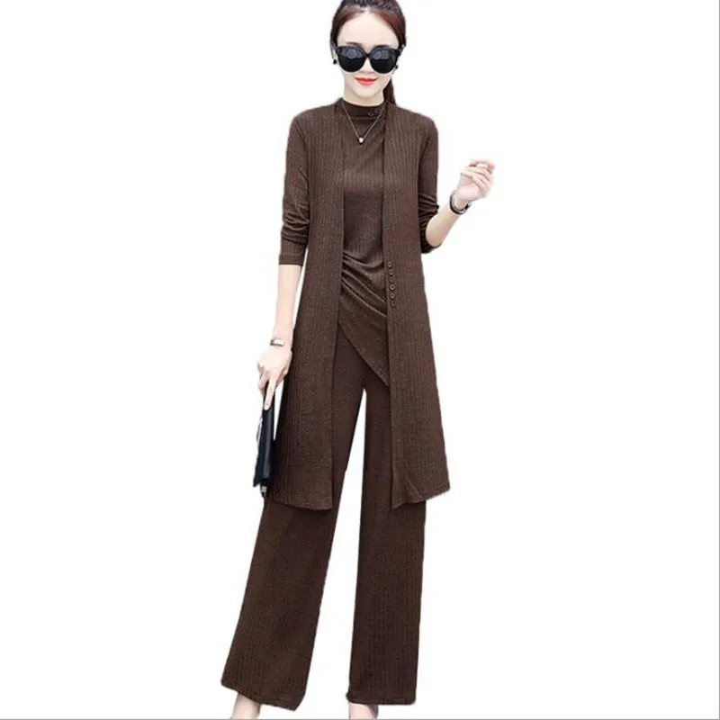 

tracksuit women suits outfits Three-Piece Fashion Autumn Long-Sleeved New slim shirt+ Cardigan+Wide-Leg Pants 3 pieces set