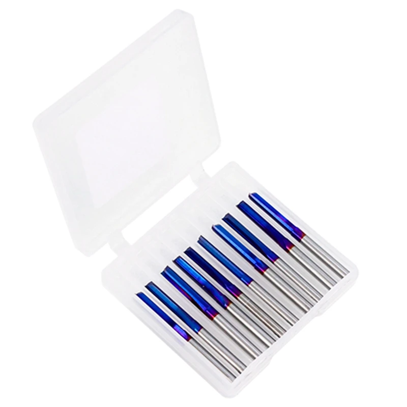 10Pcs Straight Milling Cutter 3.175 Shank Nano Blue Coated 2 Flute Carbide End Mill for Wood Plastic CNC Engraving Bit | Инструменты