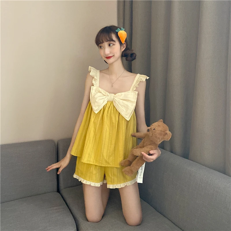 

Green Yellow Pajamas for Women Set Patchwork Sexy Sleeveless Sleepwear Set Summer Loose Cute Bow Ruffle Women Nightwear Y5045