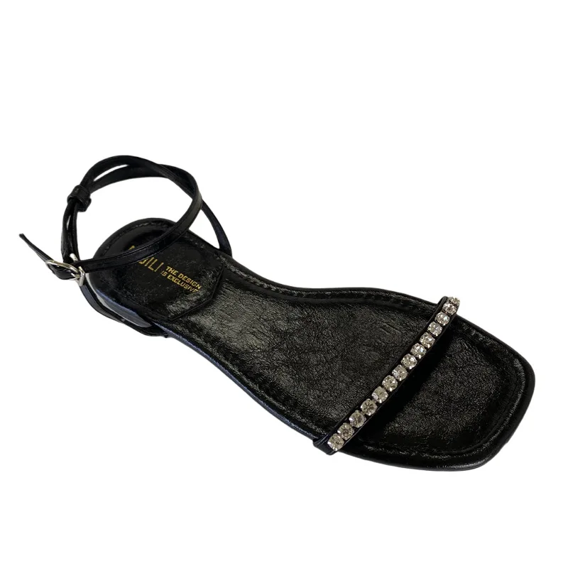 

2021 Summer Flat Sandal Shoe Women's Heels Open Toe Buckle Strap Without Girls Clear Comfort New Fashion Block Peep Rhinestone