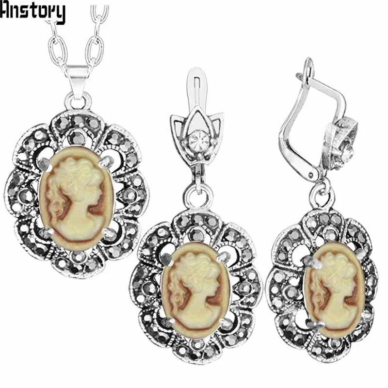Vintage Lady Queen Cameo Jewelry Sets Plumflower Pendant Rhinestone Fashion Jewelry TS431
