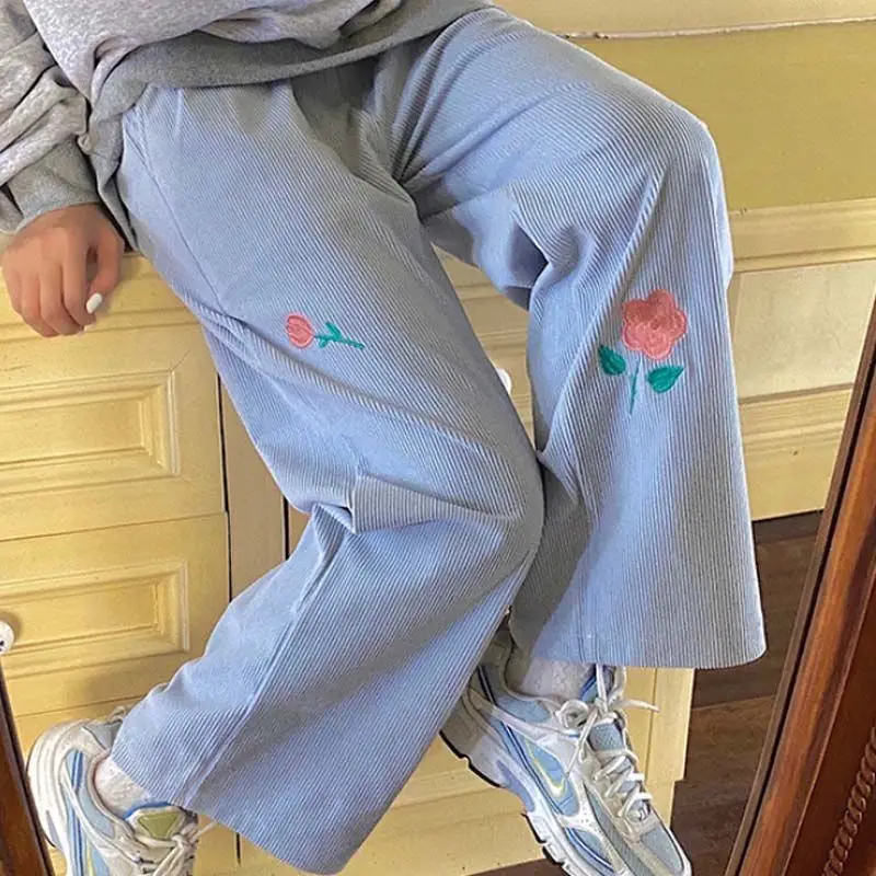 

Japanese Sweet High Waist Corduroy Pants Women Kawaii Floral Embroidery Lolita Wide Leg Pants Girly Vintage Loose Cute Trousers