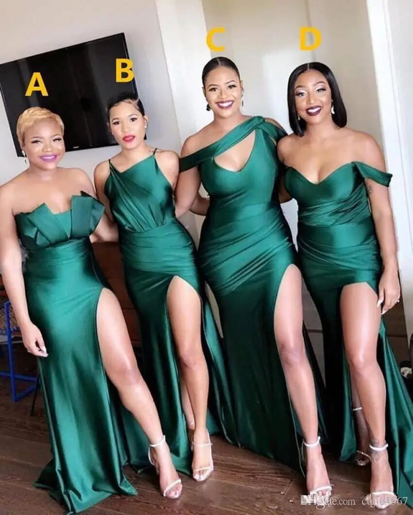 

Convertible Design Wedding Party Dresses One Shoulder Green Keyhole High Slit Thigh Bridesmaid Dresses