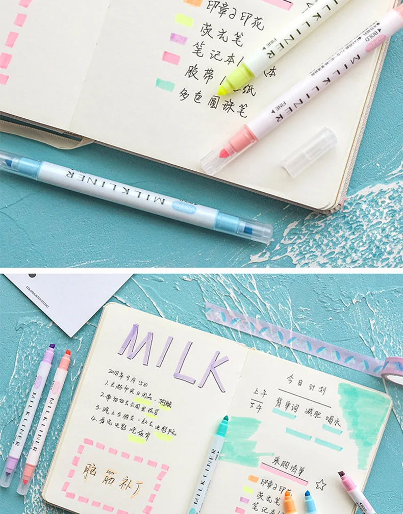 12 шт./компл. японский milkliner Ручки Вкладыш молока с двухголовой флуоресцентных ручек милые арт маркер для рисования маркером в наборе, канцелярские принадлежности