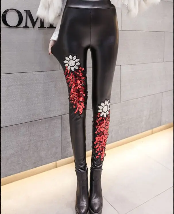 Thin red sequins Осень Зима для женщин эластичные блёстки утолщаются теплый из искусственной кожи Высокая талия Леггинсы тонкий карандаш брюки - Цвет: Thin red sequins