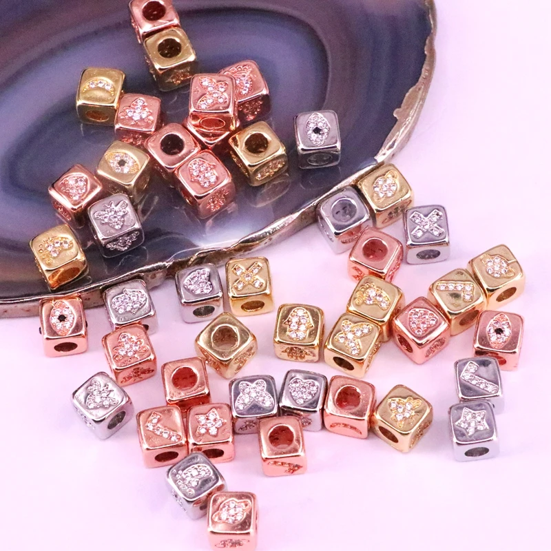 

20Pcs Gold/ Silver color /Rose Gold Micro Pave CZ Star/Moon/Hamsa Hand/Eye Square Spacer Beads,Cubic Zirconia Cube Small Beads