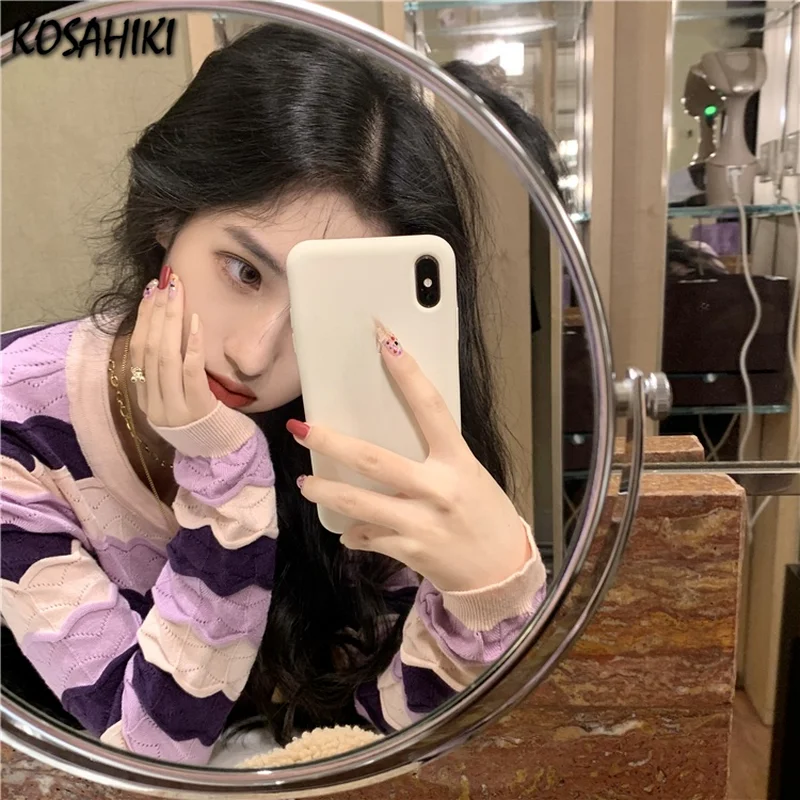 

KOSAHIKI Vintage Striped Cardigan Sweater Autumn Fashion Harajuku Thin Sweater Loose Womenkorean Chic Knitted Cardigan Tops