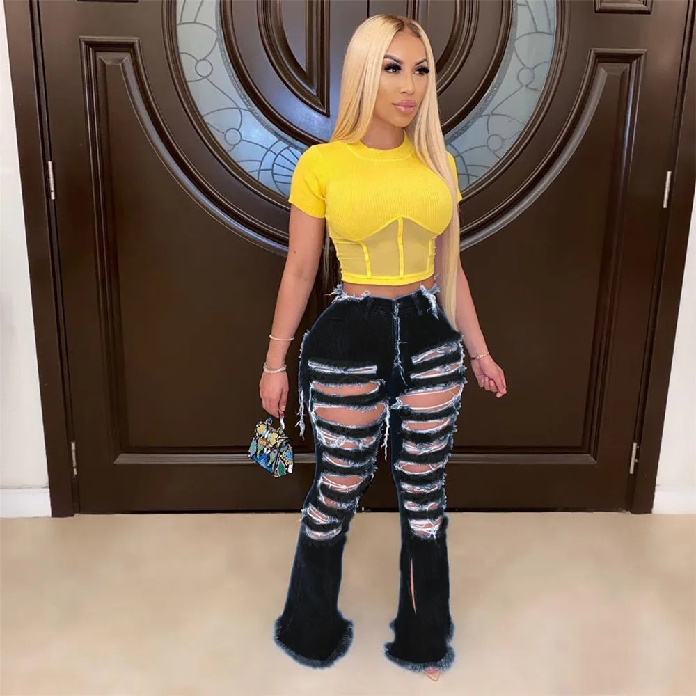 Бесплатная доставка 2020 Модные женские рваные джинсы с высокой талией