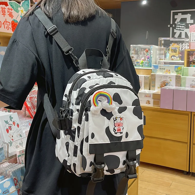 

Женский маленький рюкзак с коровьим узором, модный нейлоновый рюкзак контрастной расцветки, милый Повседневный школьный ранец для девочек,...