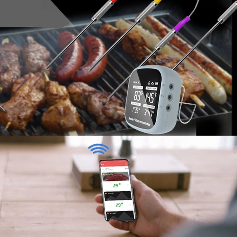 

Smart Thermometer Wireless APP Control and Instant Read Barbecue Thermometer with 6 Color-Coded Probes Food Cooking BBQ Thermome