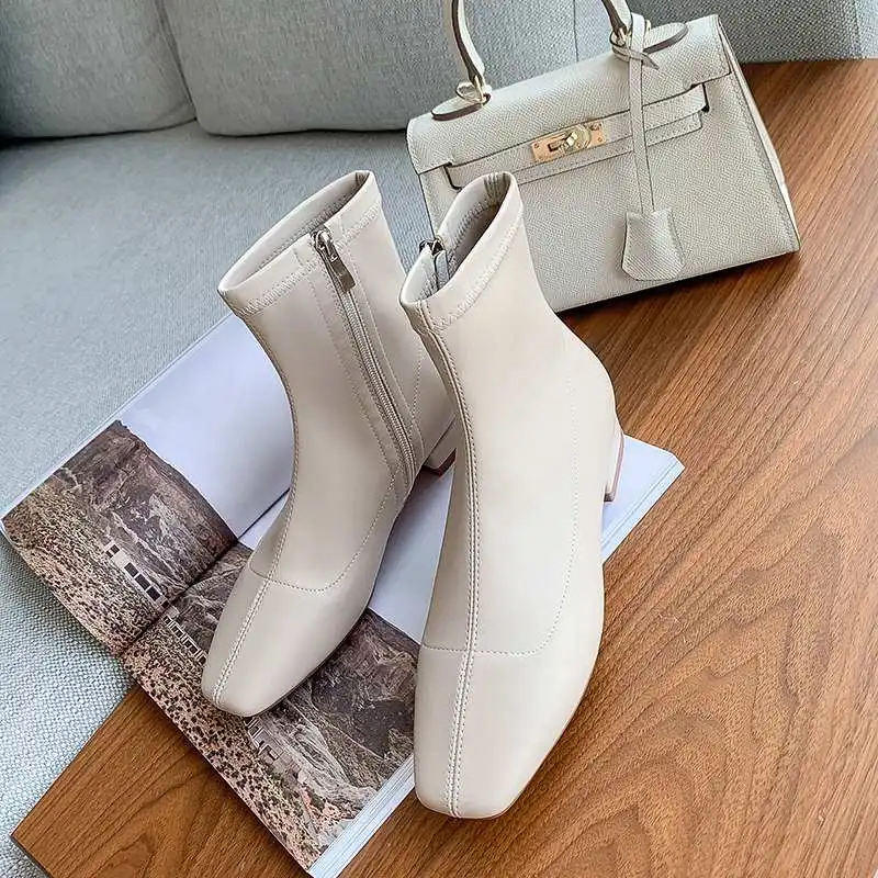 Beste Lenkisen Fashion Europese Stretch Lederen Vierkante Neus Lage Hakken Dagelijkse Slijtage Effen Rits Winter Warm Houden Vrouwen Enkellaarsjes L16