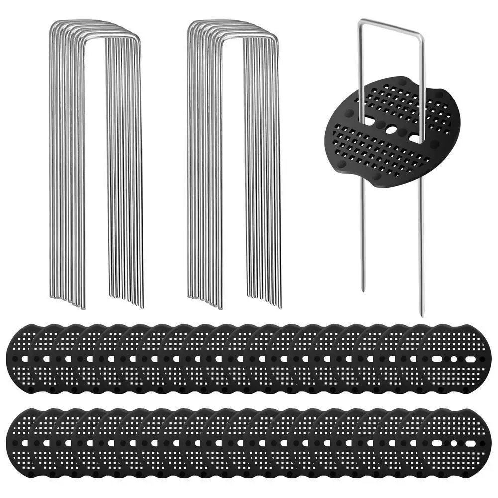 

60pcs Gardening Lawn Fixer Ground Grass U-shaped Pegs Staples Fastening Nails Landscape Round With 40pcs Gasket