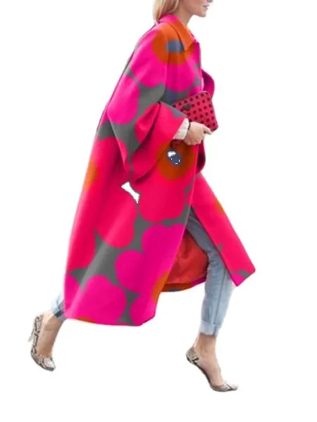

New Fashion Trumpet Sleeve Colorful Long Coat Women's Lapel Long Sleeve All Match Casual Printing Loose Windbreaker Winter 2020