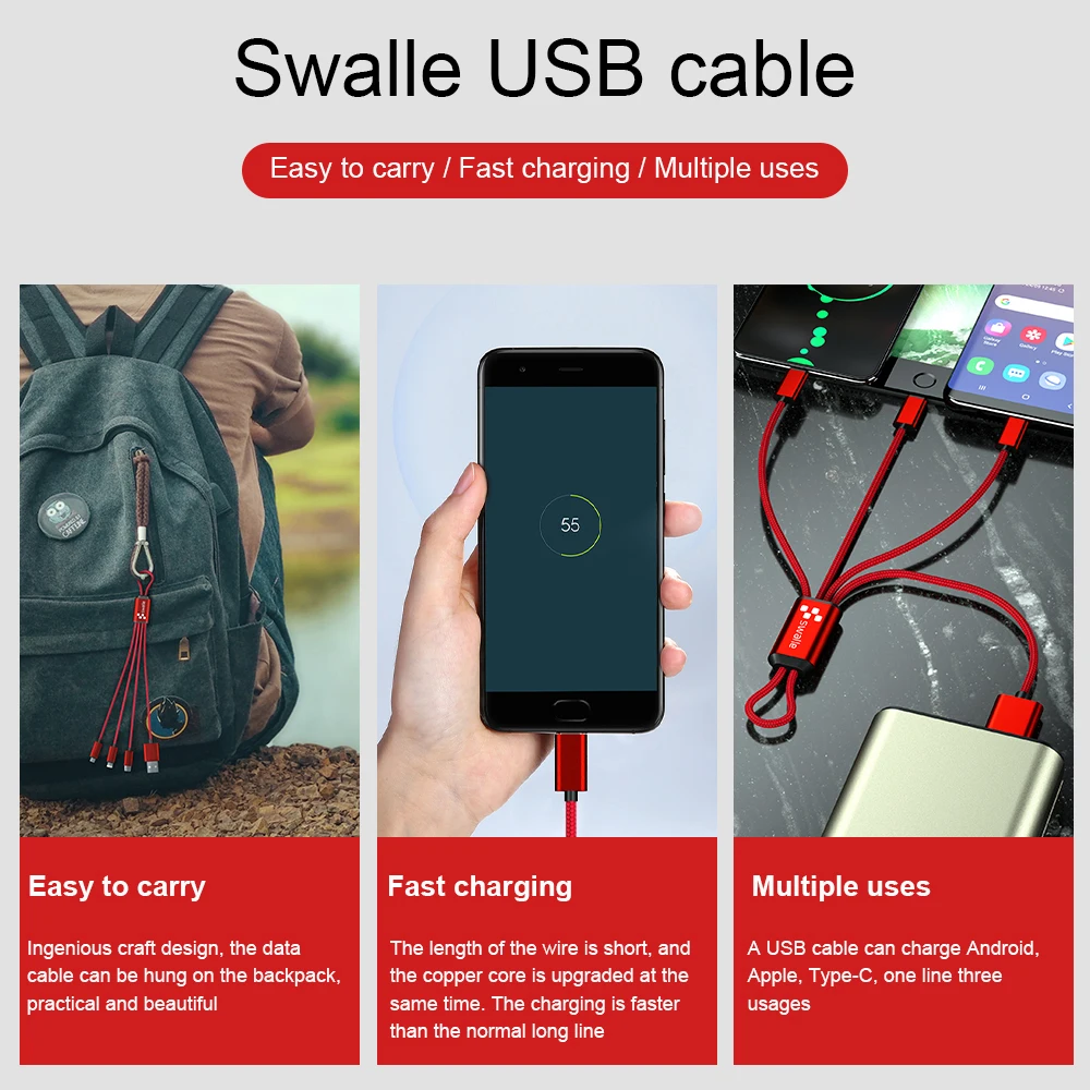 Горячий Swalle 3 в 1 USB C кабель брелок короткий микро-usb type C мульти зарядный кабель для Xiaomi huawei iPhone Быстрая зарядка