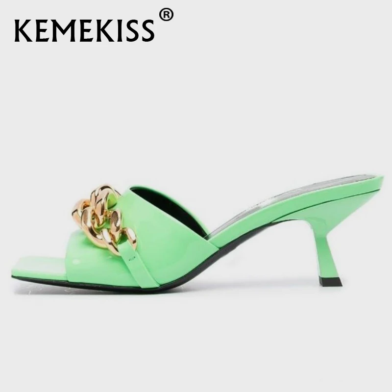 

KemeKiss Size 33-43 New Fashion Women Real Leather Slippers Slip On Thin High Heels Metal Chains Slides Ladies Footwear 2021