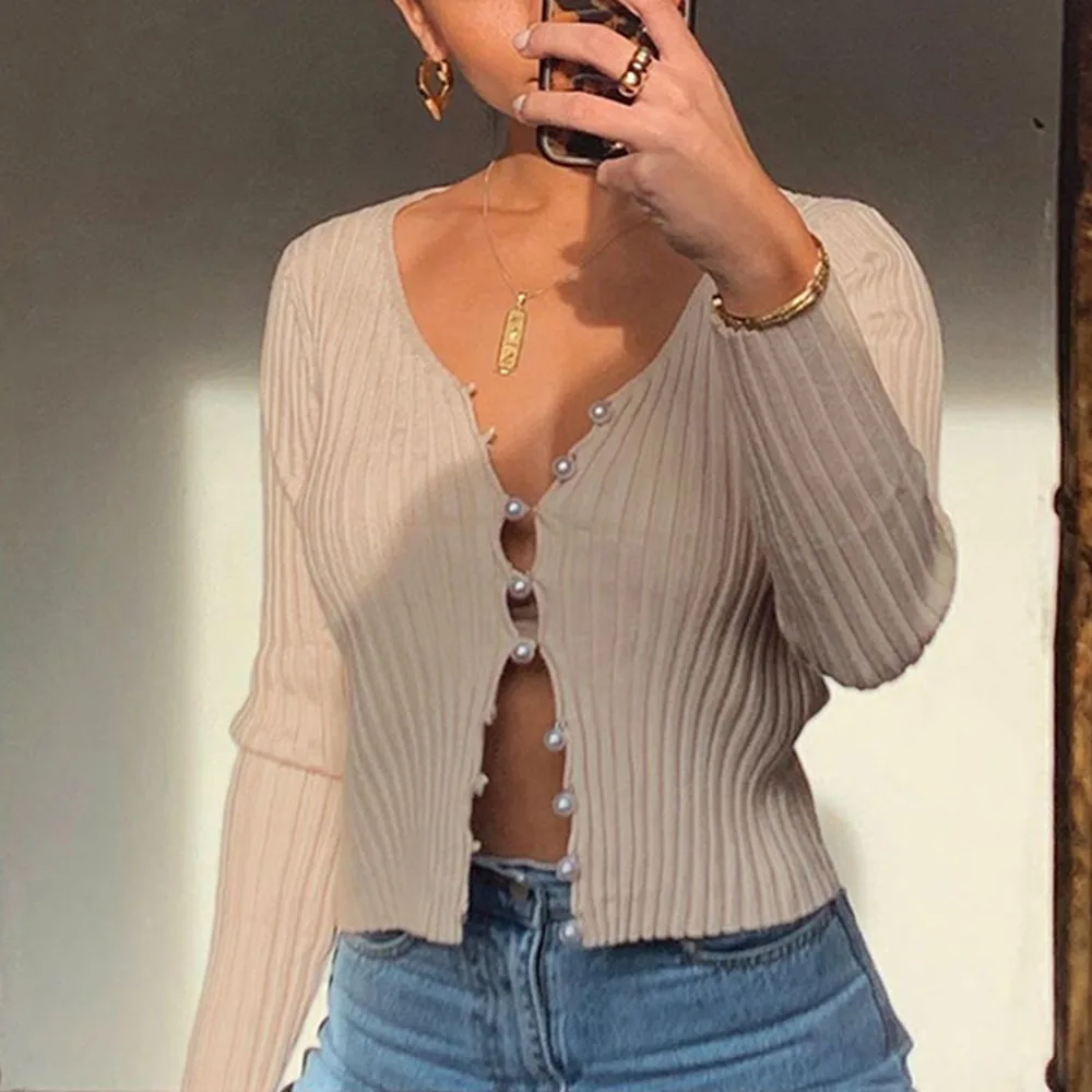 Для женщин шикарный вязаный перламутровыми пуговицами Укороченный кардиган