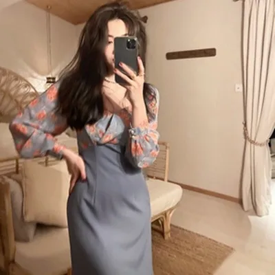 

COIGARSAM Patchwork Women dress Spring Dresses Pink Printing Blue Print 613