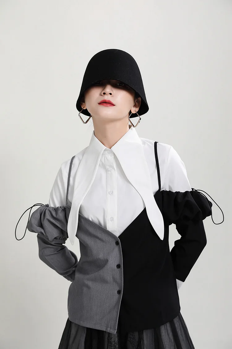 

MSXU 2020 Autumn And Winter New Pointed Collar Tops Contrast Color Stitching Suspenders Fake Two Long-sleeved Shirts Women