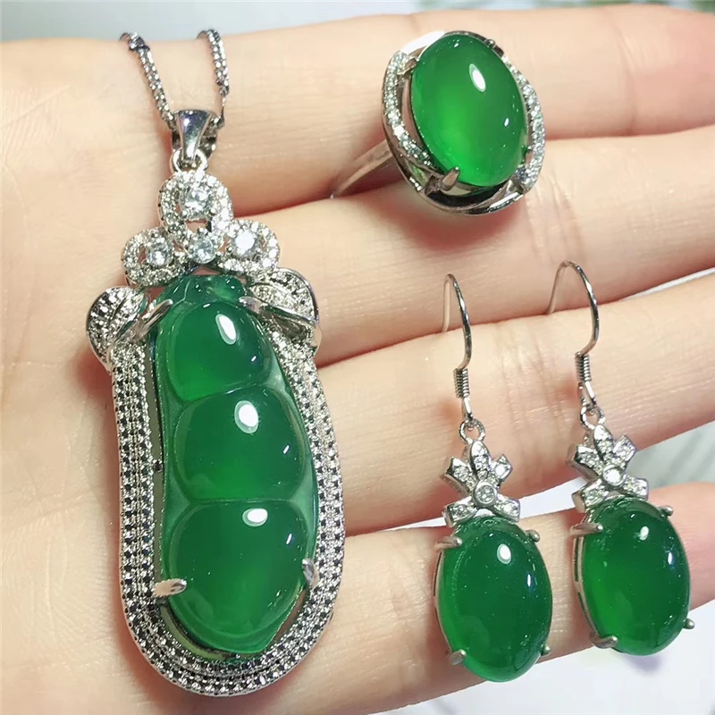 

Jadery Anniversary Gifts Natural Green Chalcedony Jade Jewelry Sets For Women Silver 925 Jewelry Necklace/Earrings/Ring 2019 New