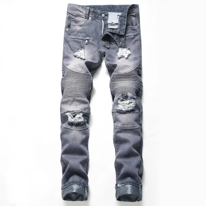 

Men's Nostalgic Hole-Breaking Locomotive Jeans Straight Trousers Male Distressed Denim Pants Biker Jeans Luxury Men Clothing