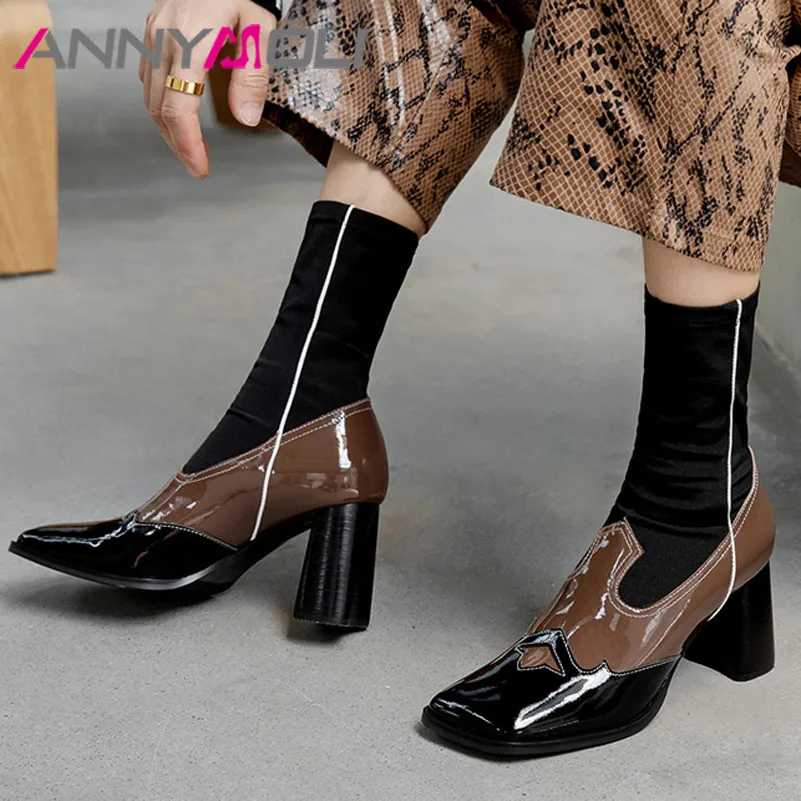 

ANNYMOLI Genuine Leather High Heel Short Boots Mid-Calf Boots Women Shoes Square Toe Block Heels Female Footwear Autumn Black 40