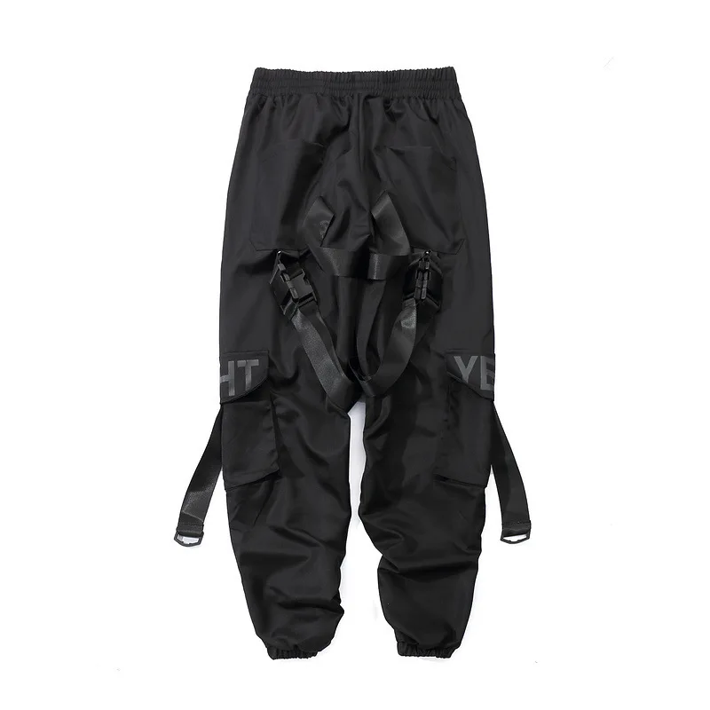 

Functional Wind Streamer Overalls Men's Leggings Pants Tide Personality Trend Ribbon Beam Mouth Paratrooper Pants Trouser