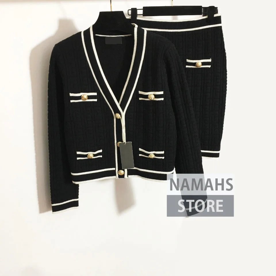

plaid jacquard knit 2 piece outfits for women stretch waist skirt and v neck long sleeve top cardigan set high end clothes sets