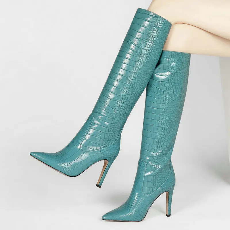 

2021 Women Knee High Boots Faux Leather High Quality Ladies Thin High Heel Boots Fashion Pointed Toe Slip on Women's Boots