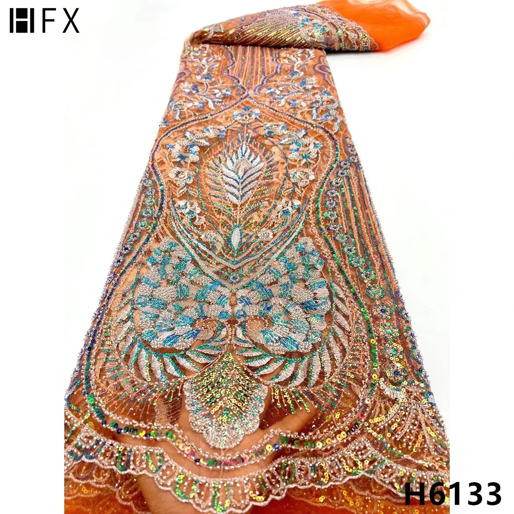 Синяя африканская сетчатая кружевная ткань HFX с блестками французская Тюлевая