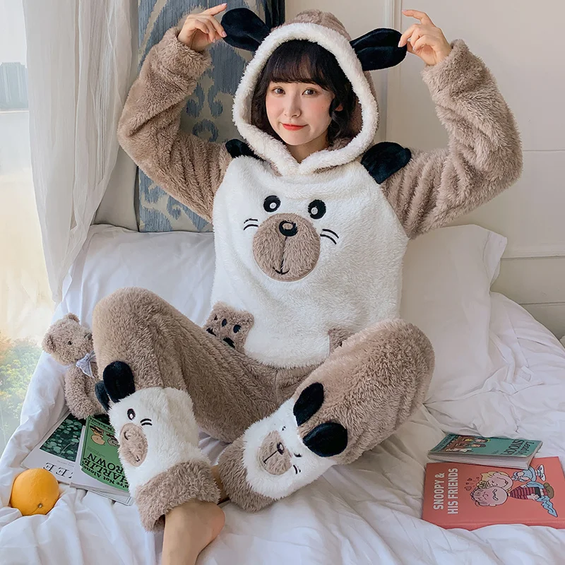 Зимняя флисовая Пижама кораллового цвета женский осенне-зимний утепленный