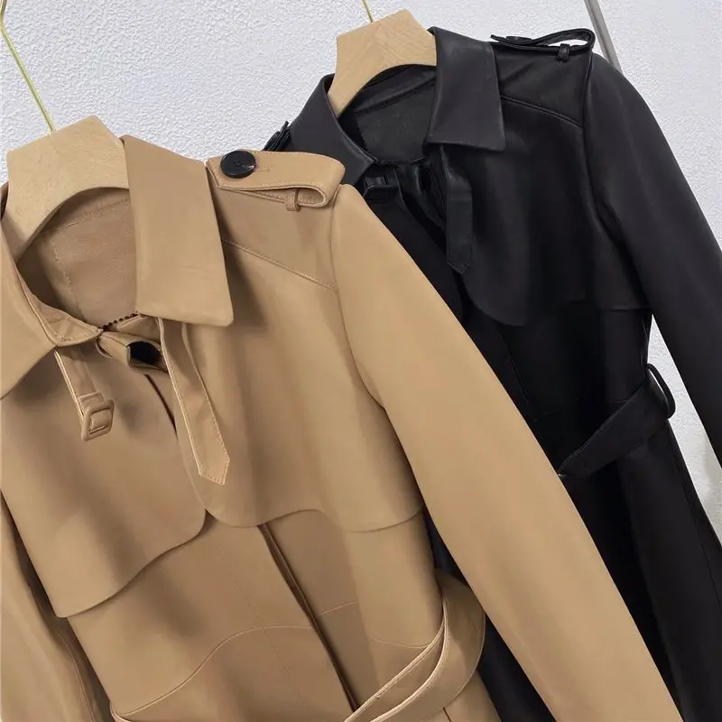 2022 new women genuine leather jacket girl female real sheepskin long coat trench overcoats