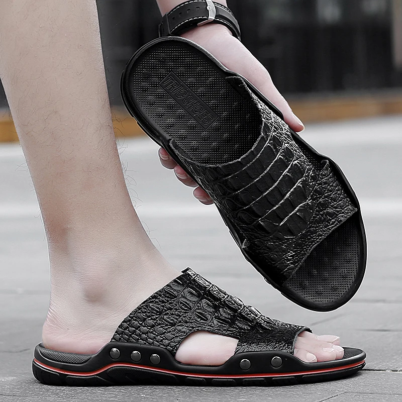 

Summer Slippers Men genuine leather Casual Leisure Soft Slides Massage Beach Slippers Water Shoes outdoor Men's slippers