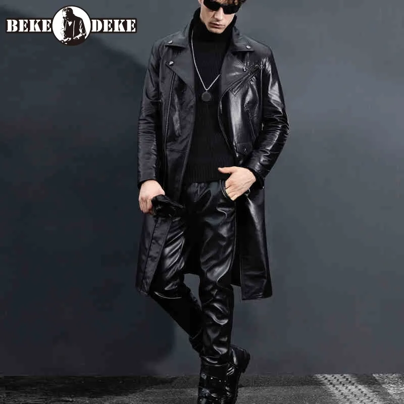 

Street Genuine Leather Windbreakers Men Slim Fit Cowhide Moto Biker Coat Lapel Long Jacket Winter Windproof Outerwear