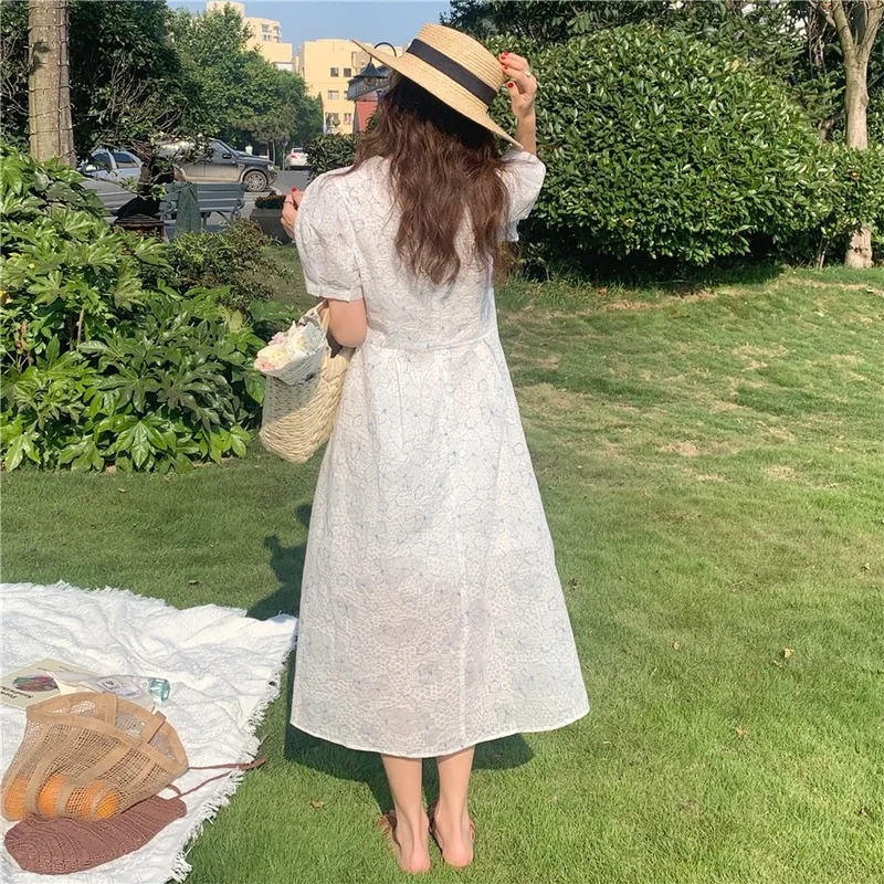 

Korean Chic Elegant V Neck Puff Sleeve Floral Dress Women Simple Summer 2021 Slim Waist A Line Vestidos Mujer Sweet Fresh Robe