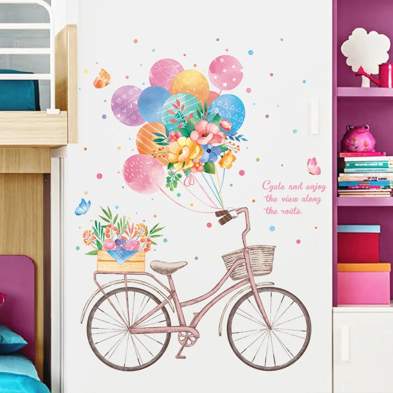 

[heatboywade]Multicolor Balloon Bike Flowers Wall Stickers for Kids rooms Girls Wall Decor Vinyl Wall Decals Door Sticker Murals