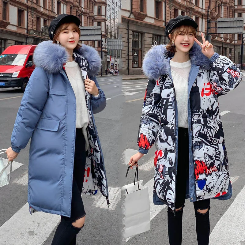 

Cotton jacket Women's Double Two Sides With Fur Collar Long Parka Hooded Printed Winter Fashion Coats Casual Thick Warm Loose