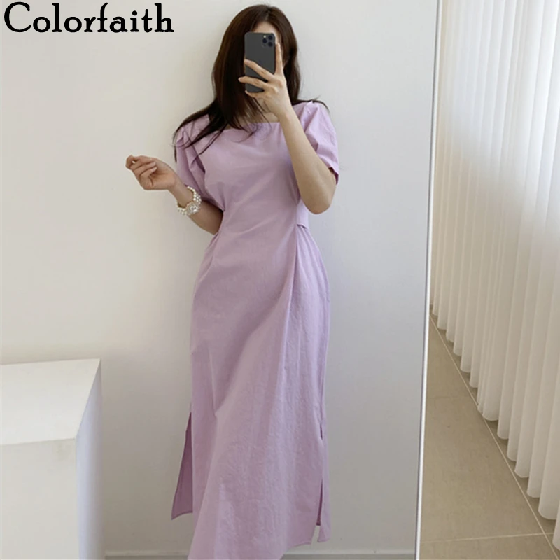 

Colorfaith New 2021 Women's Summer Dresses Causal Elegant Vintage Lace Up Bow Knitted Split Pure Wild Long Blue Dress DR8918