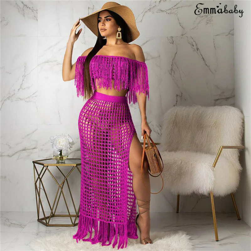 

Sexy Women Hollow Out Tassel Bikinis Cover Ups 2019 Summer 2pcs Crop Top Split Skirts Sets Holiday Beach Swimsuit Bathing Suit