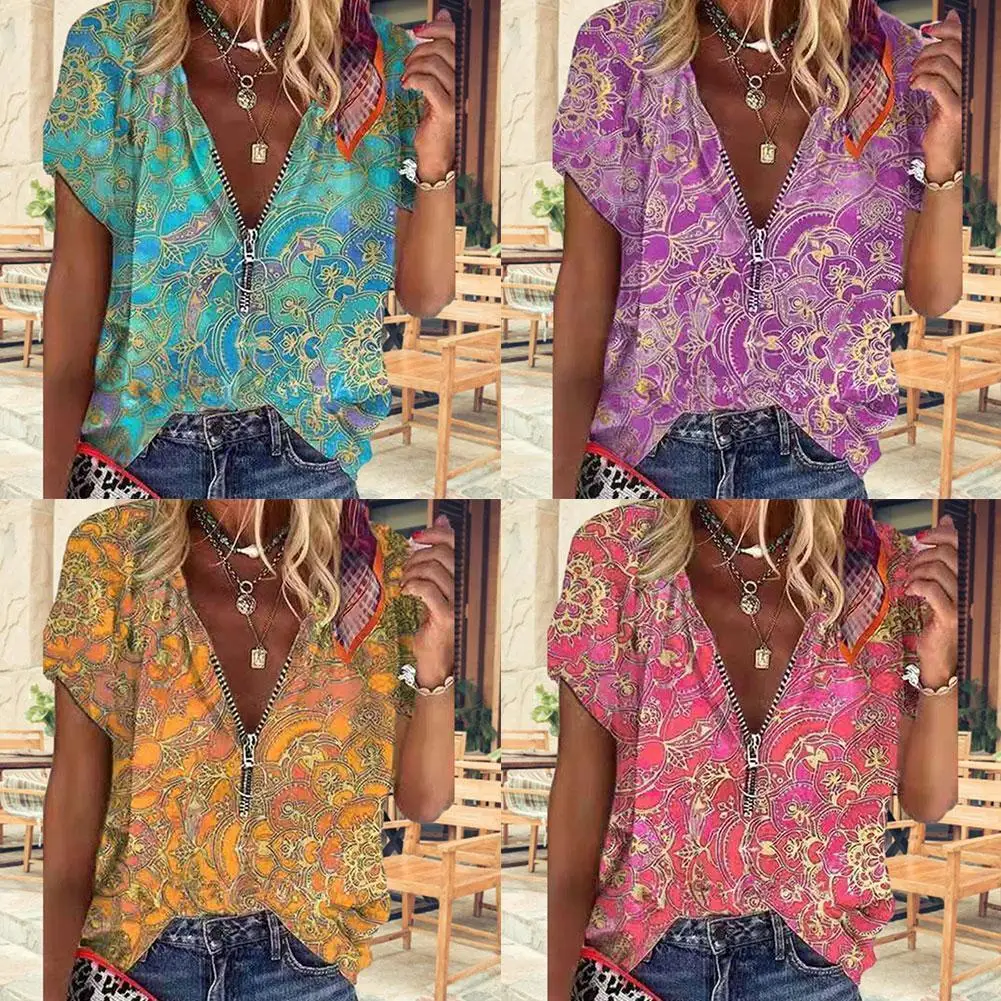 

Женская свободная футболка с цветочным принтом, коротким рукавом и V-образным вырезом