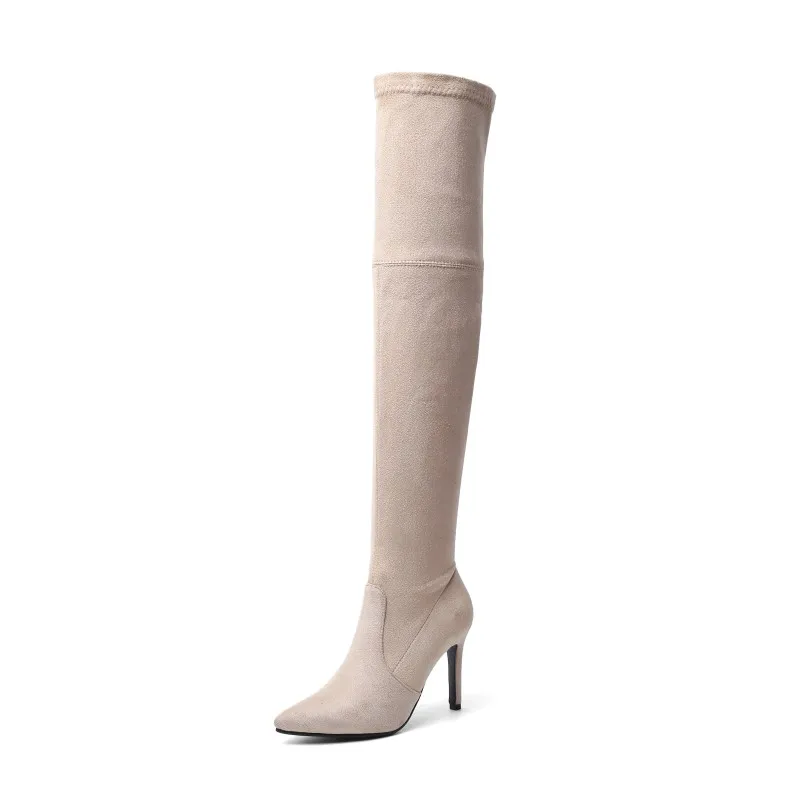 apricot flock BONJOMARISA/Новые Сапоги выше колена с острым носком, размеры 34-43 пикантные женские сапоги до бедра г. Женская обувь на высоком каблуке для свиданий - Цвет: apricot flock