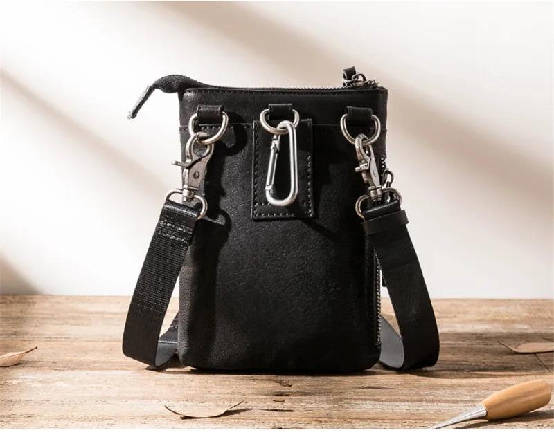 Retro fashion natural genuine leather men's black mini mobile phone bag daily outdoor key wallet single shoulder messenger bag