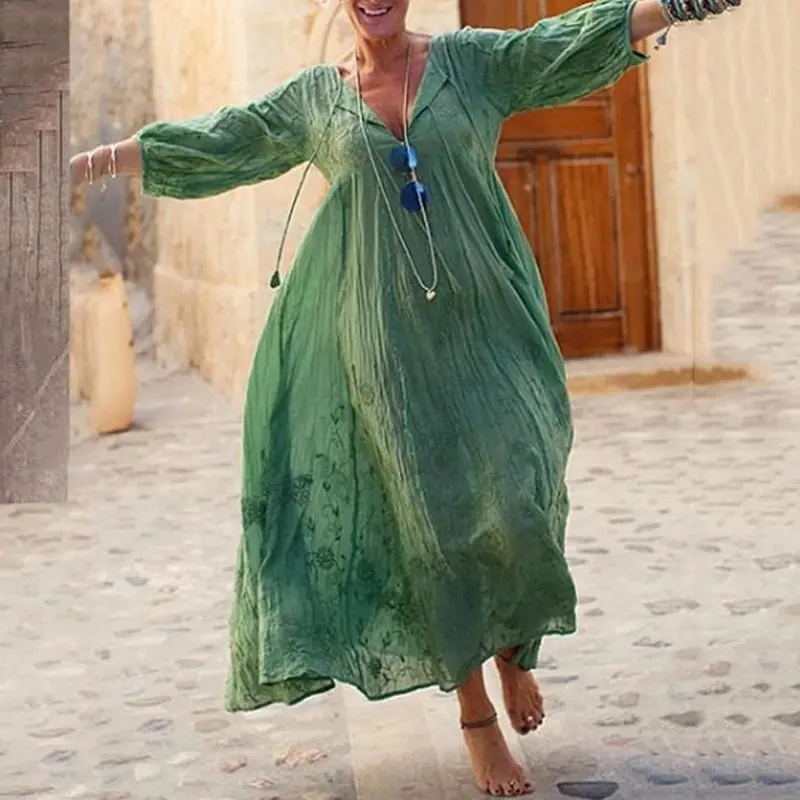 Платье макси с v образным вырезом Осеннее женское платье пуловер в стиле бохо