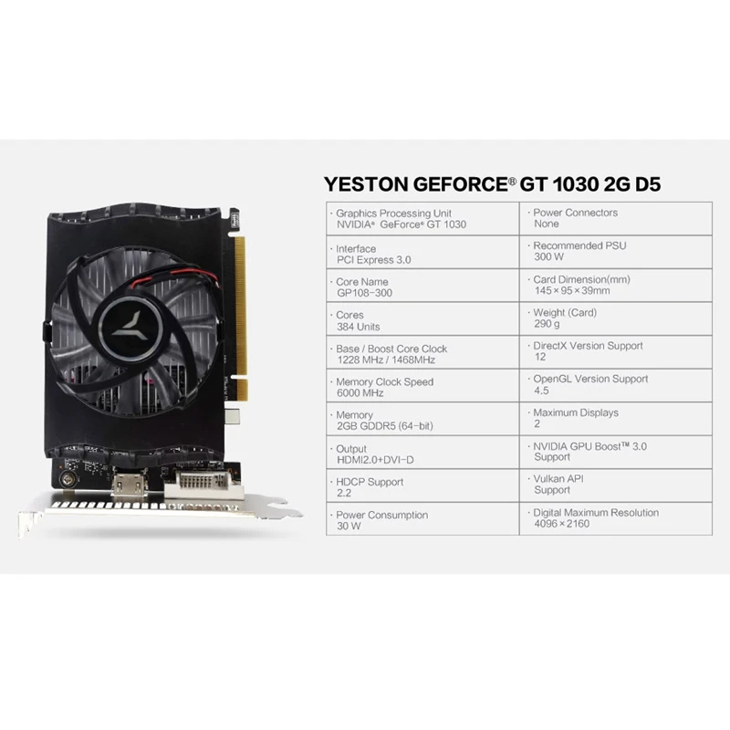 Игровая видеокарта Yeston GT1030 2 ГБ GDDR5 64 бит 1228 МГЦ/1468 МГц 6000 МГц|Видеокарты| |